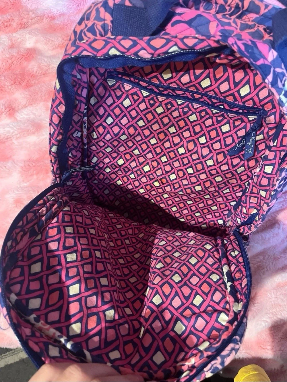 Vera Bradley Navy Floral Quilted Backpack with Pink Accents